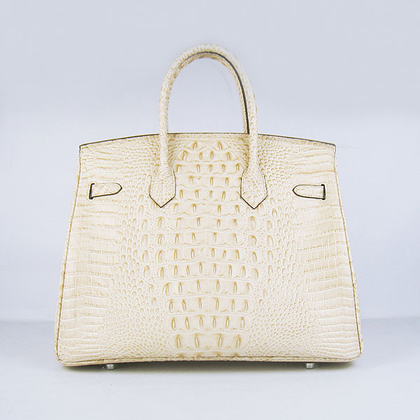 High Quality Fake Hermes Birkin 35CM Crocodile Head Veins Leather Bag Cream 6089